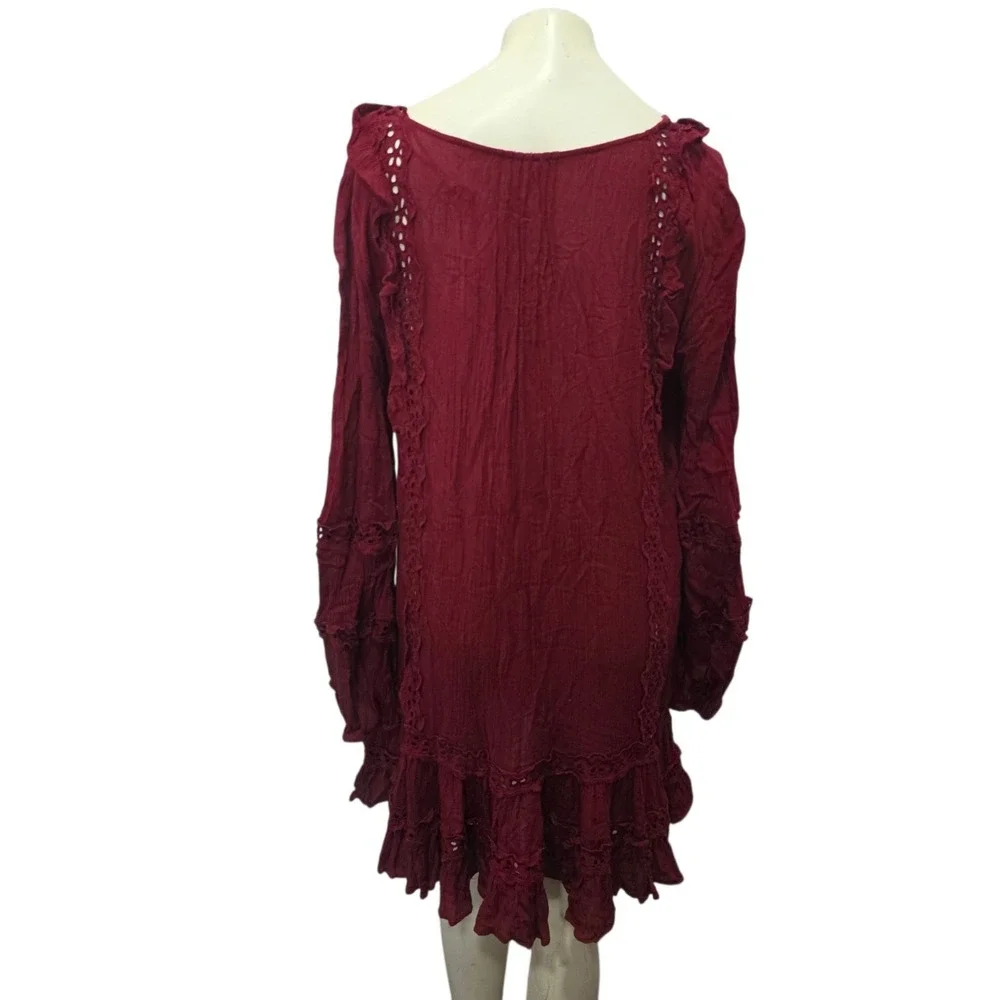 Free People Boho Tunic Dress Burgundy Lace Ruffle Long Sleeve Women's M